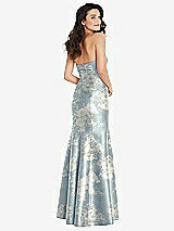 Rear View Thumbnail - Porcelain Blue Seraphina Floral Bow Cuff Strapless Floral Princess Waist Trumpet Gown