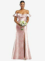 Alt View 2 Thumbnail - Bow And Blossom Print Off-the-Shoulder Ruffle Neck Floral Satin Trumpet Gown