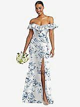 Alt View 1 Thumbnail - Cottage Rose Larkspur Off-the-Shoulder Ruffle Neck Floral Satin Trumpet Gown