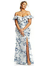 Alt View 3 Thumbnail - Cottage Rose Larkspur Off-the-Shoulder Ruffle Neck Floral Satin Trumpet Gown
