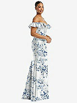 Side View Thumbnail - Cottage Rose Larkspur Off-the-Shoulder Ruffle Neck Floral Satin Trumpet Gown