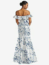 Rear View Thumbnail - Cottage Rose Larkspur Off-the-Shoulder Ruffle Neck Floral Satin Trumpet Gown