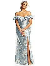 Alt View 3 Thumbnail - Porcelain Blue Seraphina Floral Off-the-Shoulder Ruffle Neck Floral Satin Trumpet Gown