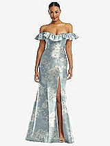 Front View Thumbnail - Porcelain Blue Seraphina Floral Off-the-Shoulder Ruffle Neck Floral Satin Trumpet Gown