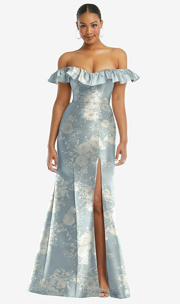 Front View - Porcelain Blue Seraphina Floral Off-the-Shoulder Ruffle Neck Floral Satin Trumpet Gown