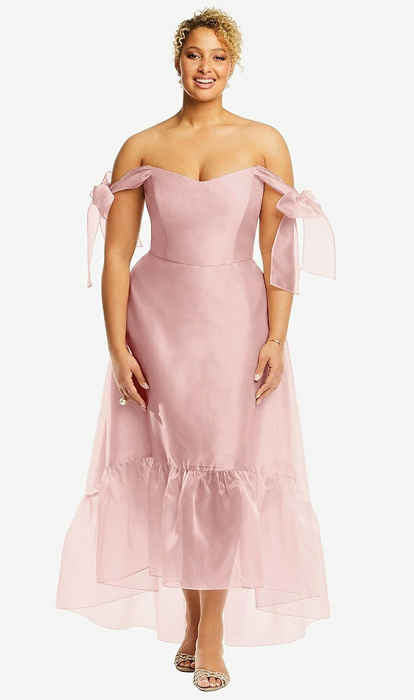 Front View - Rose Convertible Deep Ruffle Hem High Low Organdy Dress with Scarf-Tie Straps