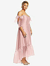 Side View Thumbnail - Rose Convertible Deep Ruffle Hem High Low Organdy Dress with Scarf-Tie Straps
