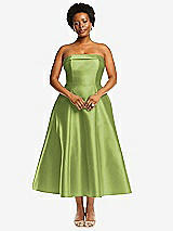 Alt View 4 Thumbnail - Mojito Cuffed Strapless Satin Twill Midi Dress with Full Skirt and Pockets