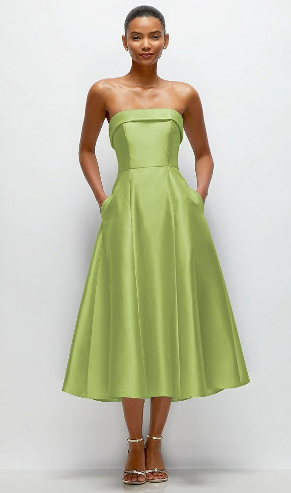 Front View - Mojito Cuffed Strapless Satin Twill Midi Dress with Full Skirt and Pockets