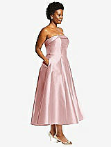 Alt View 3 Thumbnail - Ballet Pink Cuffed Strapless Satin Twill Midi Dress with Full Skirt and Pockets