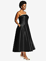 Alt View 3 Thumbnail - Black Cuffed Strapless Satin Twill Midi Dress with Full Skirt and Pockets