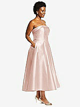 Alt View 3 Thumbnail - Blush Cuffed Strapless Satin Twill Midi Dress with Full Skirt and Pockets