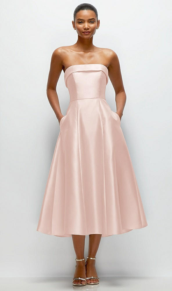 Front View - Blush Cuffed Strapless Satin Twill Midi Dress with Full Skirt and Pockets