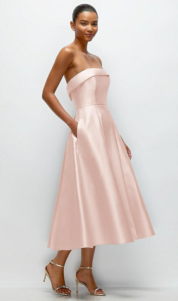 Back View - Blush Cuffed Strapless Satin Twill Midi Dress with Full Skirt and Pockets