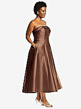Alt View 3 Thumbnail - Cognac Cuffed Strapless Satin Twill Midi Dress with Full Skirt and Pockets