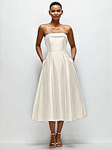 Front View Thumbnail - Ivory Cuffed Strapless Satin Twill Midi Dress with Full Skirt and Pockets