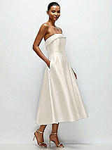 Rear View Thumbnail - Ivory Cuffed Strapless Satin Twill Midi Dress with Full Skirt and Pockets