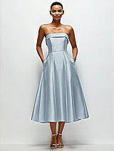 Front View Thumbnail - Mist Cuffed Strapless Satin Twill Midi Dress with Full Skirt and Pockets