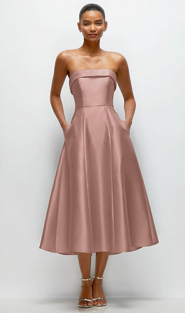 Front View - Neu Nude Cuffed Strapless Satin Twill Midi Dress with Full Skirt and Pockets