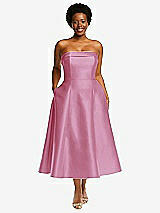 Alt View 1 Thumbnail - Powder Pink Cuffed Strapless Satin Twill Midi Dress with Full Skirt and Pockets