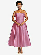 Alt View 4 Thumbnail - Powder Pink Cuffed Strapless Satin Twill Midi Dress with Full Skirt and Pockets