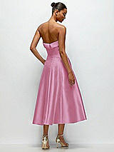 Side View Thumbnail - Powder Pink Cuffed Strapless Satin Twill Midi Dress with Full Skirt and Pockets
