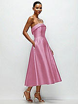 Rear View Thumbnail - Powder Pink Cuffed Strapless Satin Twill Midi Dress with Full Skirt and Pockets