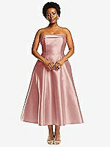 Alt View 4 Thumbnail - Rose Cuffed Strapless Satin Twill Midi Dress with Full Skirt and Pockets