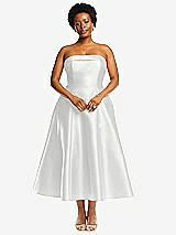 Alt View 4 Thumbnail - White Cuffed Strapless Satin Twill Midi Dress with Full Skirt and Pockets