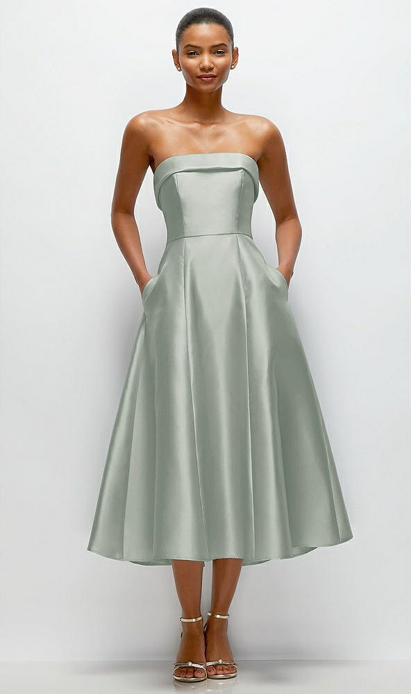 Front View - Willow Green Cuffed Strapless Satin Twill Midi Dress with Full Skirt and Pockets
