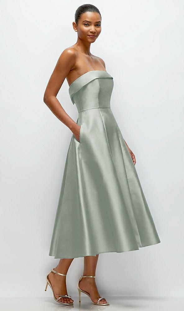 Back View - Willow Green Cuffed Strapless Satin Twill Midi Dress with Full Skirt and Pockets
