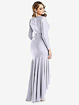 Rear View Thumbnail - Silver Dove Long Sleeve Pleated Wrap Ruffled High Low Stretch Satin Gown