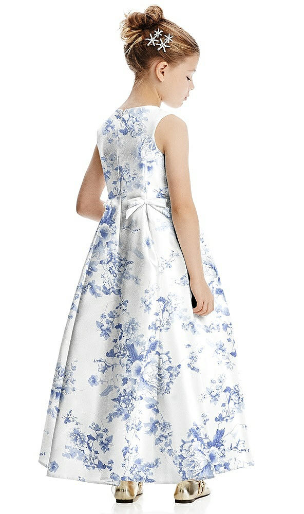 Back View - Cottage Rose Larkspur Floral Princess Line Satin Flower Girl Dress with Bows