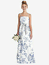 Front View Thumbnail - Cottage Rose Larkspur Floral A-Line Satin Junior Bridesmaid Dress with Mini Sash