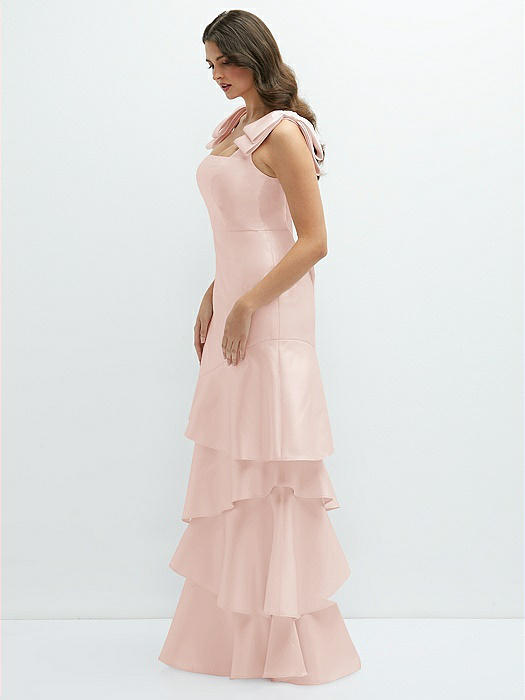 Bow-Shoulder Satin Maxi Dress with Asymmetrical Tiered Skirt