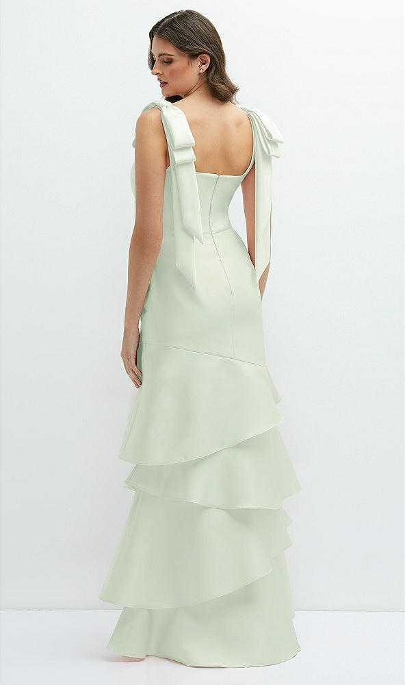 Back View - Mint Green Bow-Shoulder Satin Maxi Dress with Asymmetrical Tiered Skirt