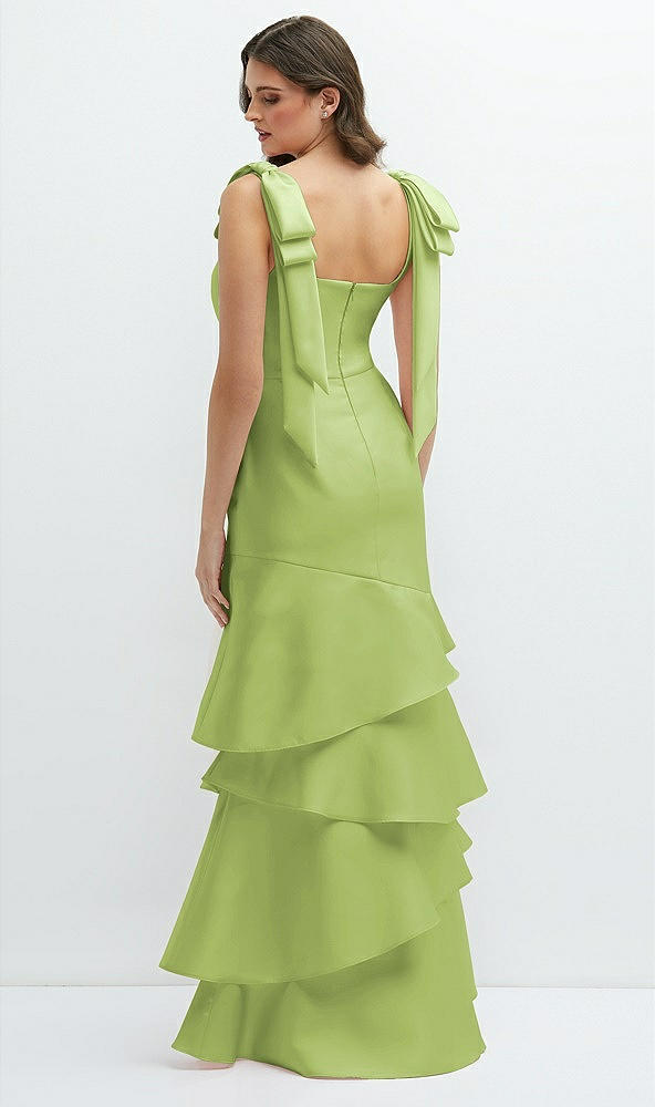 Back View - Mojito Bow-Shoulder Satin Maxi Dress with Asymmetrical Tiered Skirt