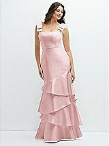 Side View Thumbnail - Ballet Pink Bow-Shoulder Satin Maxi Dress with Asymmetrical Tiered Skirt