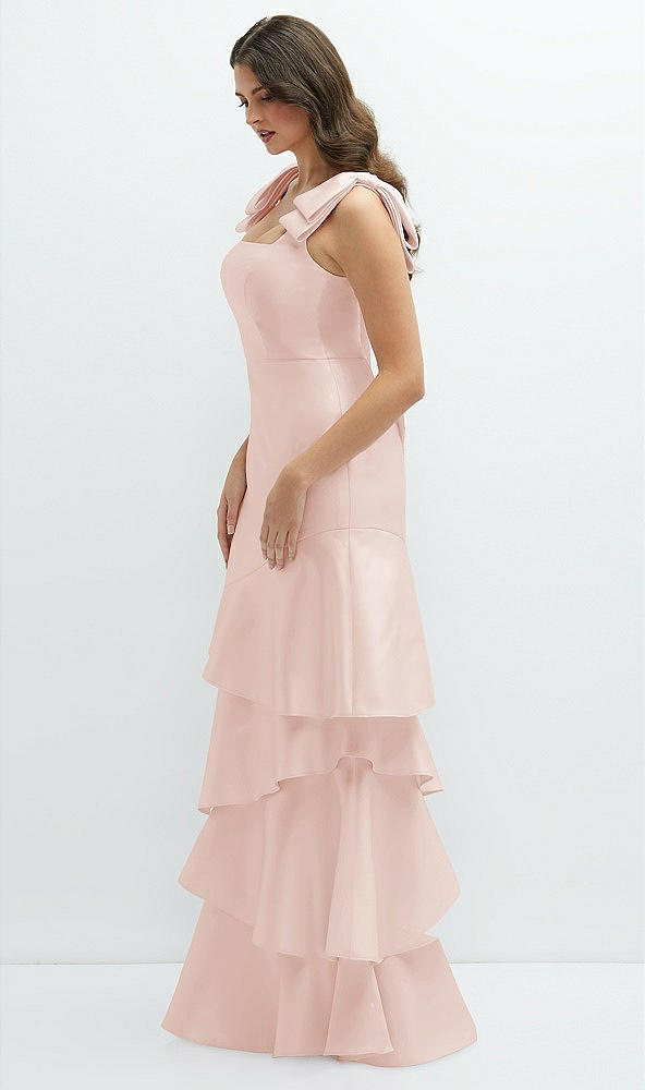 Front View - Blush Bow-Shoulder Satin Maxi Dress with Asymmetrical Tiered Skirt