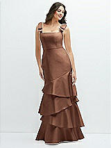 Side View Thumbnail - Cognac Bow-Shoulder Satin Maxi Dress with Asymmetrical Tiered Skirt