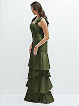 Front View Thumbnail - Olive Green Bow-Shoulder Satin Maxi Dress with Asymmetrical Tiered Skirt