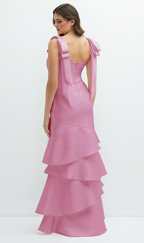 Back View - Powder Pink Bow-Shoulder Satin Maxi Dress with Asymmetrical Tiered Skirt