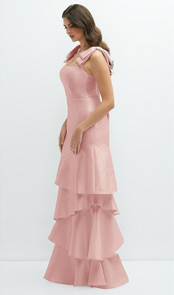 Front View - Rose Bow-Shoulder Satin Maxi Dress with Asymmetrical Tiered Skirt