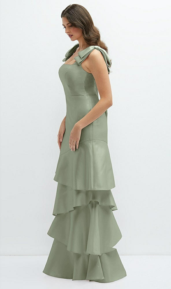 Front View - Sage Bow-Shoulder Satin Maxi Dress with Asymmetrical Tiered Skirt