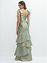 Rear View Thumbnail - Sage Bow-Shoulder Satin Maxi Dress with Asymmetrical Tiered Skirt