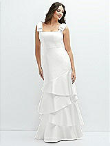 Side View Thumbnail - White Bow-Shoulder Satin Maxi Dress with Asymmetrical Tiered Skirt