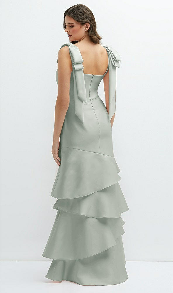 Back View - Willow Green Bow-Shoulder Satin Maxi Dress with Asymmetrical Tiered Skirt