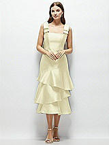 Alt View 1 Thumbnail - Butter Yellow Bow-Shoulder Satin Midi Dress with Asymmetrical Tiered Skirt