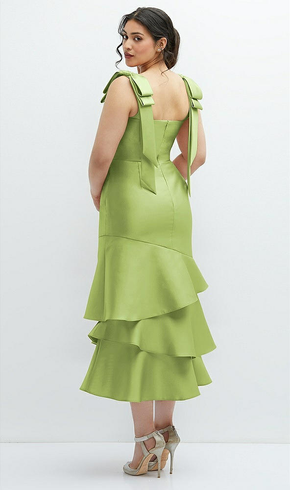 Front View - Mojito Bow-Shoulder Satin Midi Dress with Asymmetrical Tiered Skirt