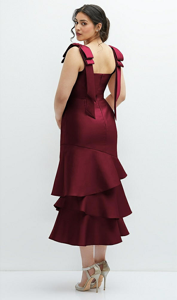 Front View - Cabernet Bow-Shoulder Satin Midi Dress with Asymmetrical Tiered Skirt